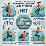The Best Workouts for Rapid Weight Loss at Home'. The image should feature workout categories like HIIT,